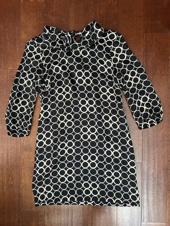 J. Crew 100% Silk Retro 60s Black Shift Dress with Beige Circle Print, Size 6