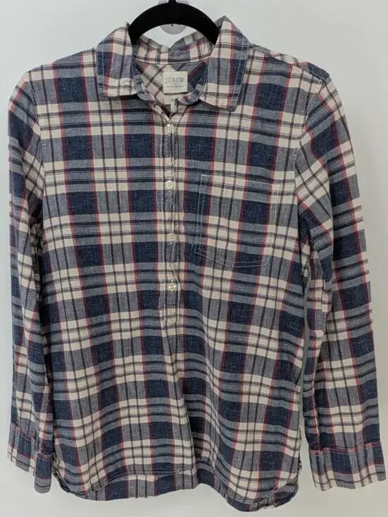 J.Crew Small $80 Brushed Cotton Navy Red Cream Plaid Button Up Boyfriend Shirt