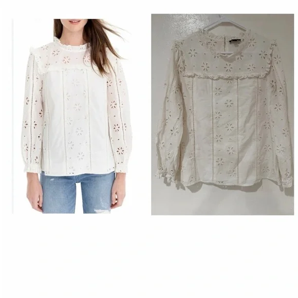 J. Crew Ruffle Neck Long Sleeve Eyelet Top In Ivory Size M