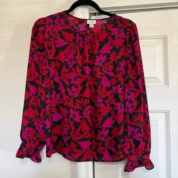 J.Crew Pink Red Floral Long Sleeve Blouse Size Small