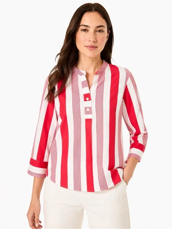 J.Crew Re-Imagined Red White Stripe Cotton Popover Blouse Medium M 3/4 Sleeve
