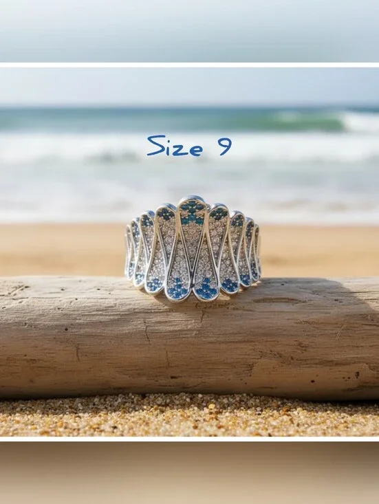 'Ocean Waves' multicolor micro pave Crystal band ring, Sz.9