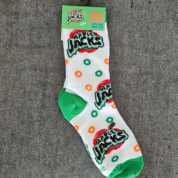 Kellogg's Apple Jacks Kids Crew Socks Ages 7-10 White Green NEW