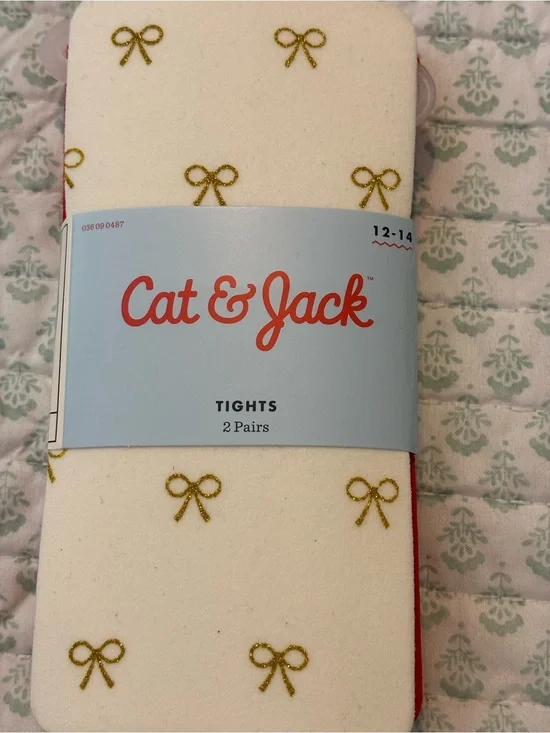 Cat & Jack Cream Tights with Gold Bow Detail