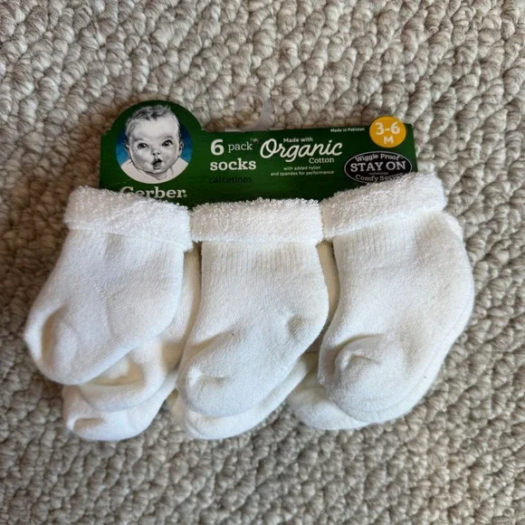 Gerber‎ 6 Pack Organic Cotton Wiggle Proof Baby Socks White Size 3-6 Months