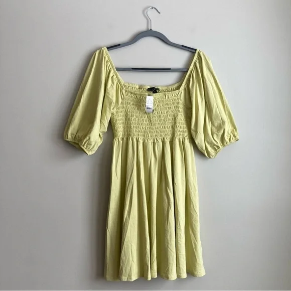 NWT J. Crew Yellow Smocked Cotton Square Neck Puff Sleeve Dress