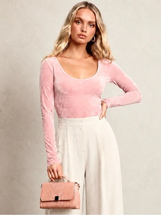 J Crew Pink Velvet Long Sleeve Bodysuit | Soft Stretch Scoop Neck Minimalist