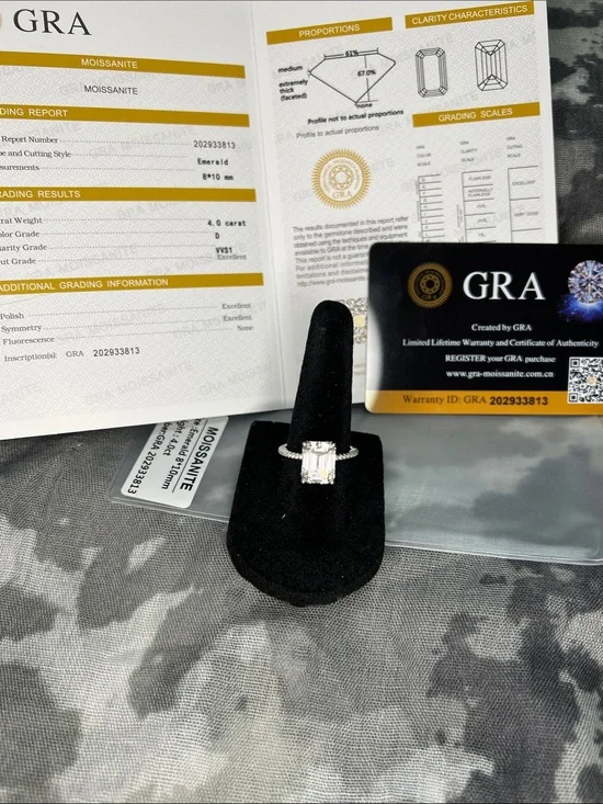 GRA 4ct Emerald Cut Moissanite Ring in Sparkling White