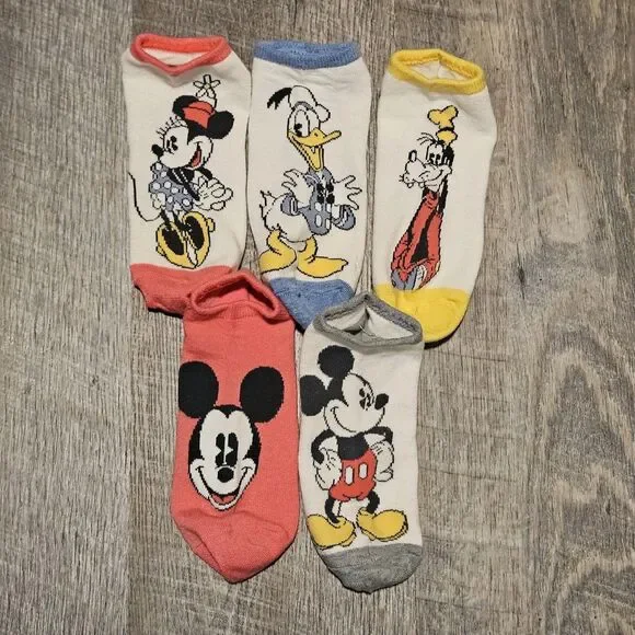 Disney Ankle Socks Lot of 5 Donald, Mickey (2), Minnie, and Goofy Size 5-8 Kids