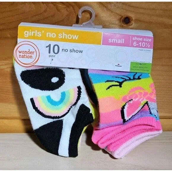 Girls Size Small (6-10.5) Colorful Print No-Show Socks 10 Pairs Wonder Nation