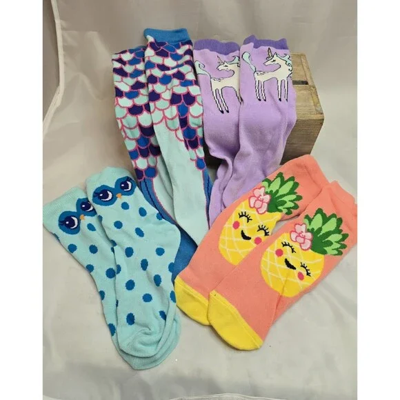 Lot of 4 Pairs Girls Crew Socks Owl Mermaid Unicorn Pineapple Medium New