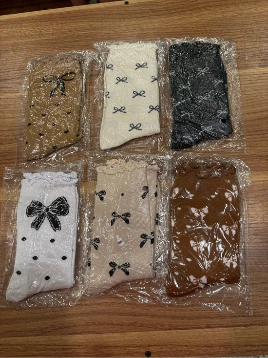 Pack of Girls Bow Pattern Socks in White, Cream, Black, Tan, Brown NWOT TR161