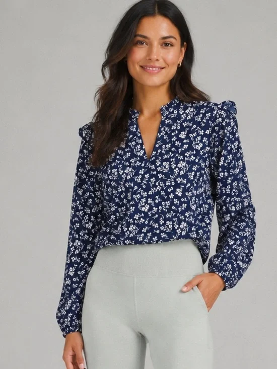 J.Crew Factory V-Neck Crinkle Top in Black with White Floral Print Size 3XL