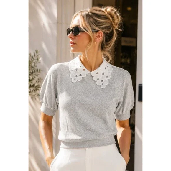 J Crew Eyelet Collar Sweatshirt Womens XS Gray Heritage Terry Puff Sleeve CS610