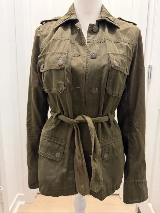 J.Crew Olive Green Utility Military Jacket Belted Silk Cotton Women’s Medium