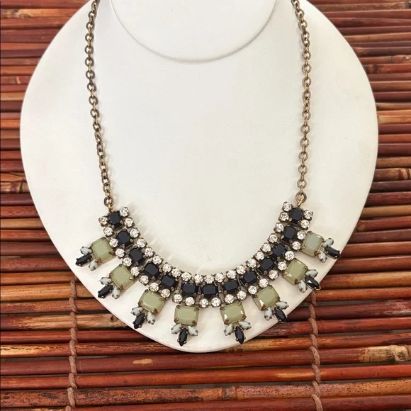 J. Crew Black and Gold Necklace with Green Accents 18.5”-21.5”