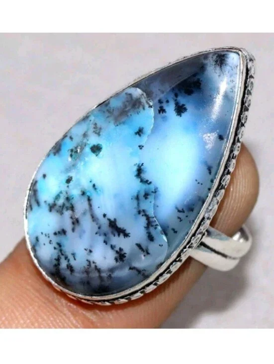 Marine Blue Dendritic Opal Gemstone Jewelry 925 Sterling Silver Handmade Ring