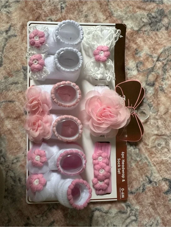 Baby Girl Pink & White Floral Headband and Sock Set