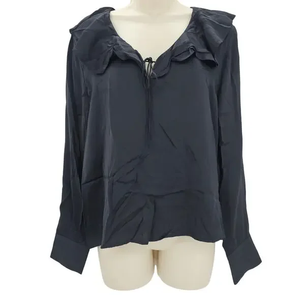 J. Crew Womans size S Goldie Ruffle Collar Satin Top Shirt Black CD054 NEW