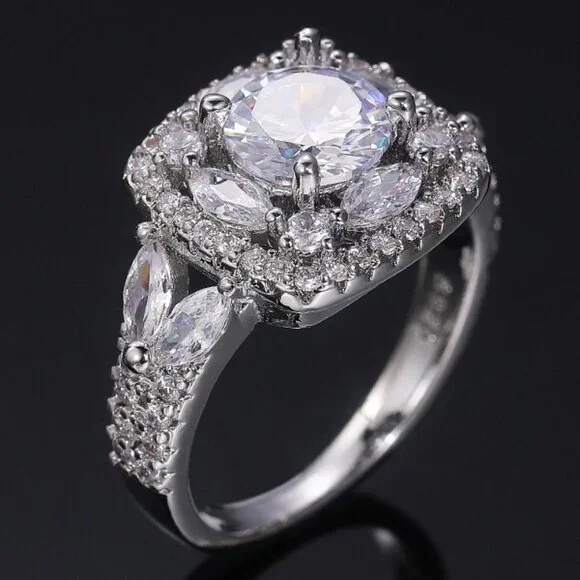 😍SHINY ROUND CZ SQUARE 925 STERLING SILVER LUXURY WEDDING RINGS FOR WOMEN, L053