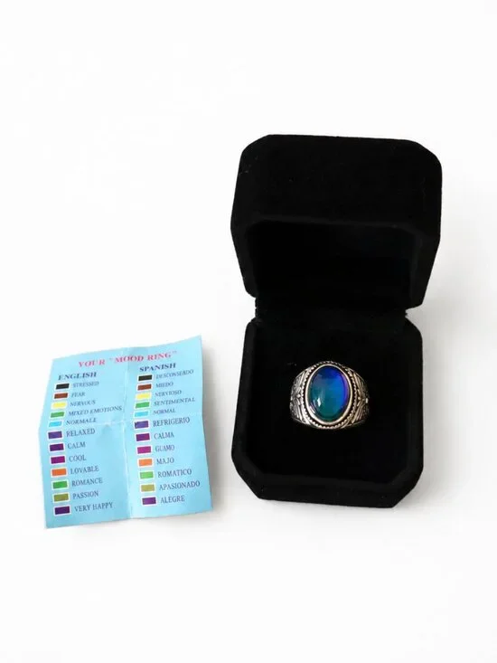 Vintage Blue Mood Ring Silver Tone Adjustable Statement Ring w/ Gift Box & Color