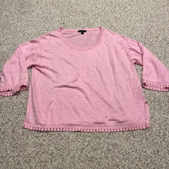 J Crew Linen Sweater Pom Pom Trim Pink L Feminine Lagenlook Coastal Classic