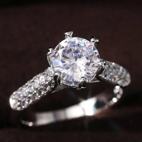 😍Engagement Flower Anillos Pure Round CZ Dainty Silver Plated Ring, L141