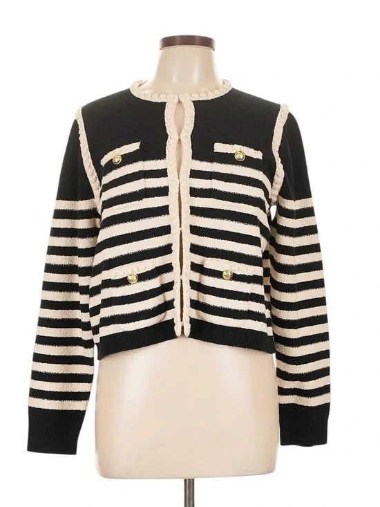 J. Crew Odette Sweater Lady Jacket in Striped Boucle Size L Black Cream NWT
