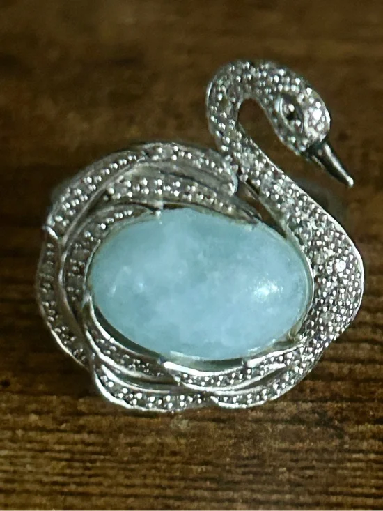 Sculptural 3–D Swan Ring in Sterling Silver Size 8 Diamonds Aquamarine