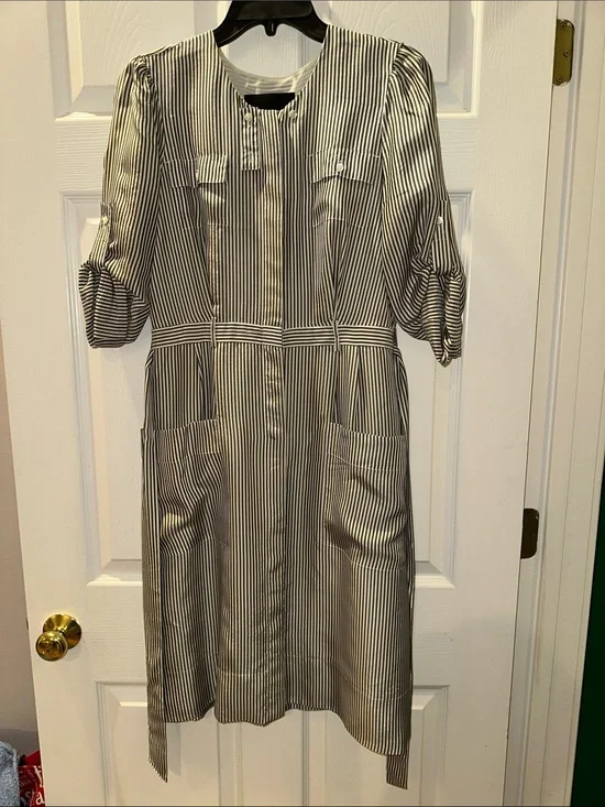J. Crew Silk Black and White Striped Button-Front Shirt Dress