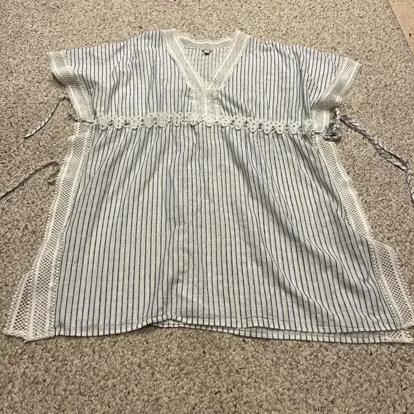 J Crew Tunic Beach Cover Up Lace Stripe M/L Cream Blue Coastal Classic Preppy