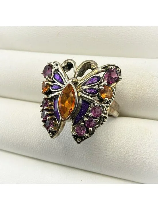 Nicky Butler Ring Butterfly Bug Purple Orange Enamel Sterling Silver size 7
