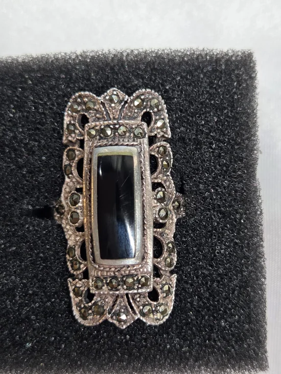 Vintage Black Onyx Marcasite Filigree Statement Ring