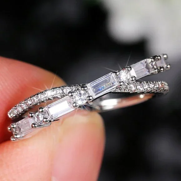 😍Fashion Party Two Lines Cross Zircon Anillos Trendy Silver Rings Women, L231