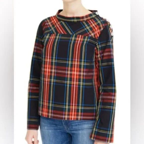 J Crew Holiday Stewart Plaid Blouse with Jewel Accessories