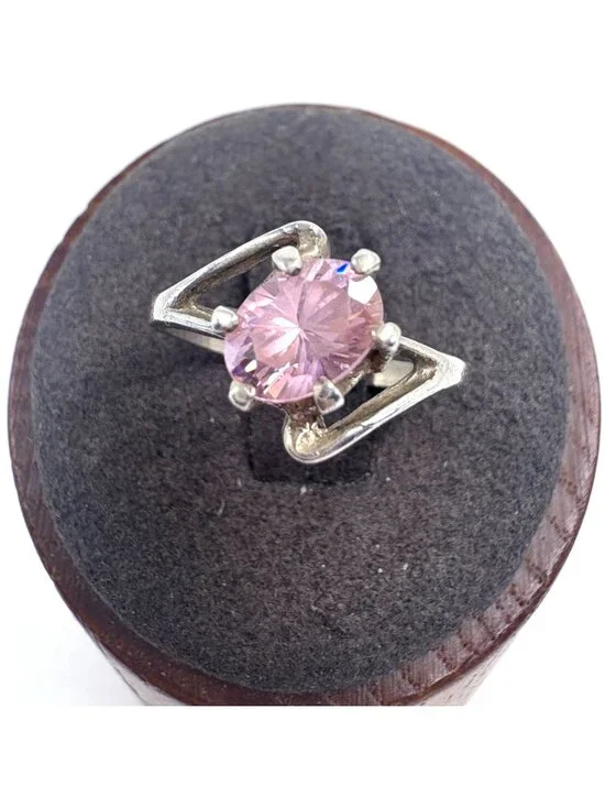 Pink Cubic Zirconia Prong Set Statement Ring Sterling Silver 925 Size 6.5
