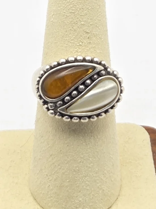 ​Boho Sterling Silver 925 Mother of Pearl & Amber Beaded Border Ring 8