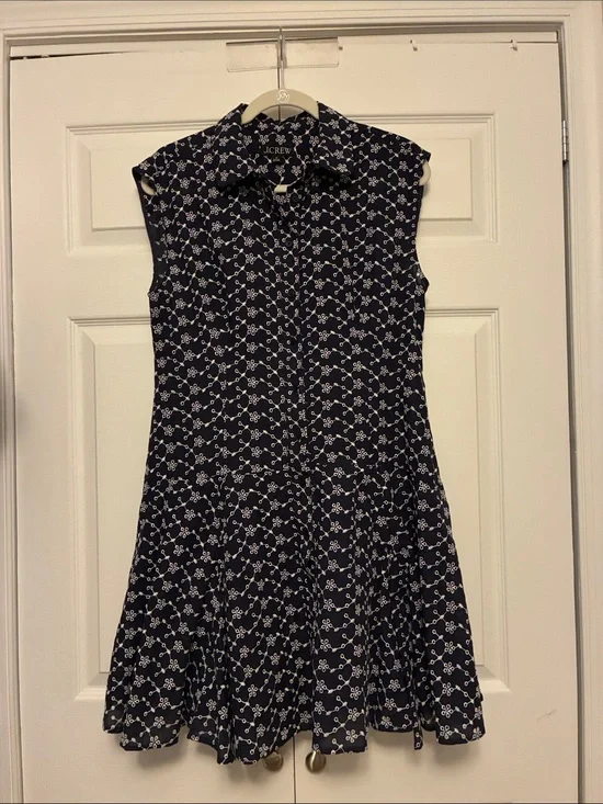 J. Crew Navy and White Sleeveless Floral-Chain Shirt Dress