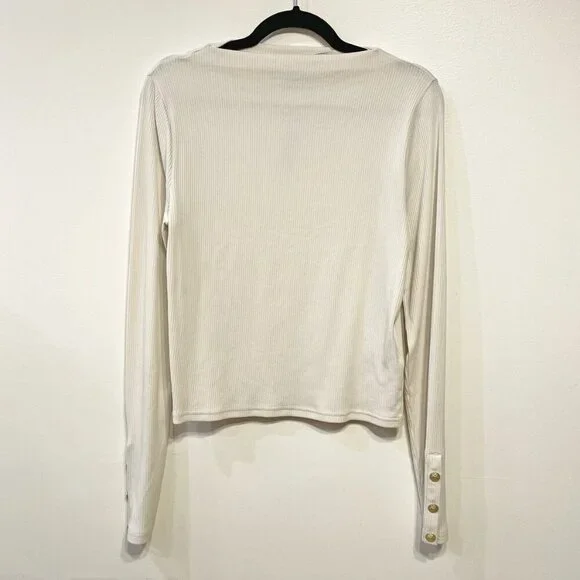 New J.Crew Vintage Rib Split Neck Button Cuff Knit Top Natural Large