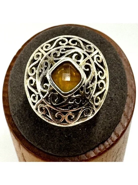 Citrine Filigree Design Statement Ring Sterling Silver 925 Size 9.5