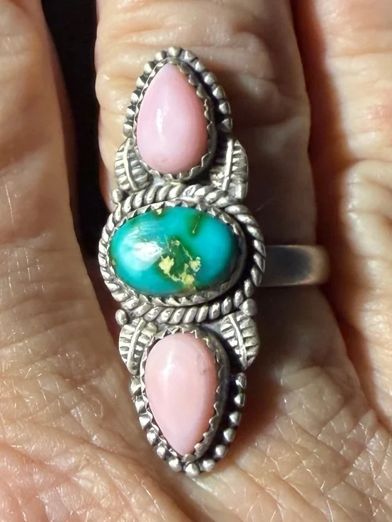 New Sonoran Gold Turquoise & Pink Conch Sterling Adjustable Ring 1.25”