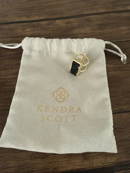 Kendra Scott Gold-Tone Ring with Black Druzy Rectangle. Adjustable.