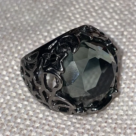 Black Dome Ring Dark Glam Goth Fantasy Hearts Stars Crescent Moon Celestial Sz 8