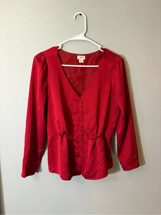 J. Crew Crimson V-Neck Buttoned Peplum Blouse