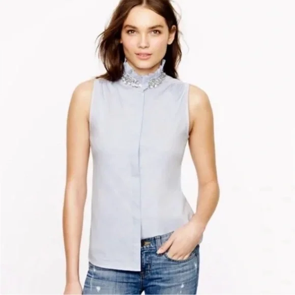 J.Crew Chambray Jeweled Ruffle Collar Oxford‎ Blouse Tilda Rhinestone Size 0