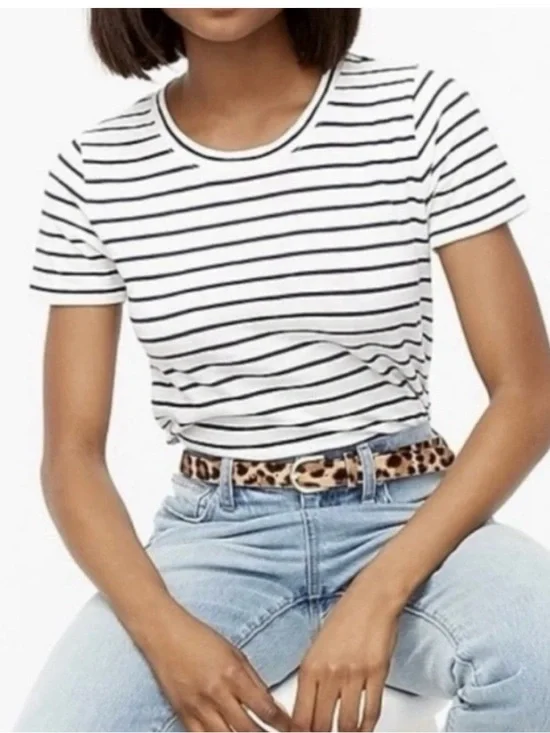 J.Crew Sz L Cotton Girlfriend Tee White & Black Stripes Classic French Chic EUC