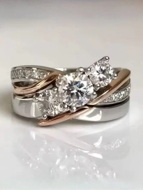 Silver & Rose Gold Two-Tone Cubic Zirconia Three-Stone Ring