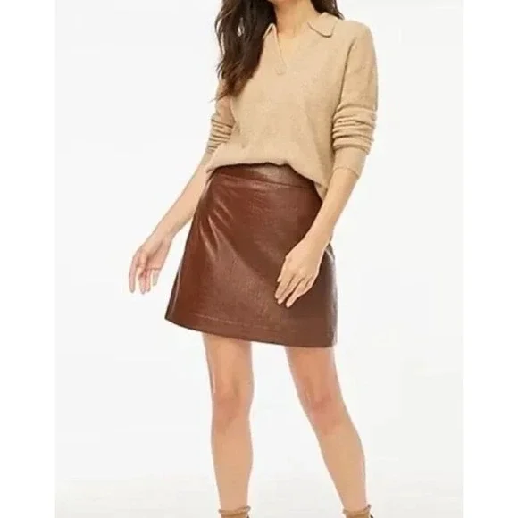 J. Crew Faux Leather Croc Embossed Mini Skirt Lined Brown Size‎ 12