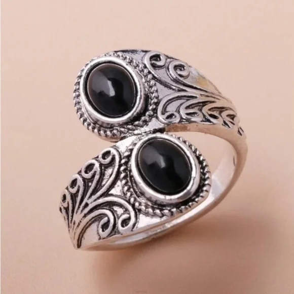 Silver Black Onyx Bypass Ring