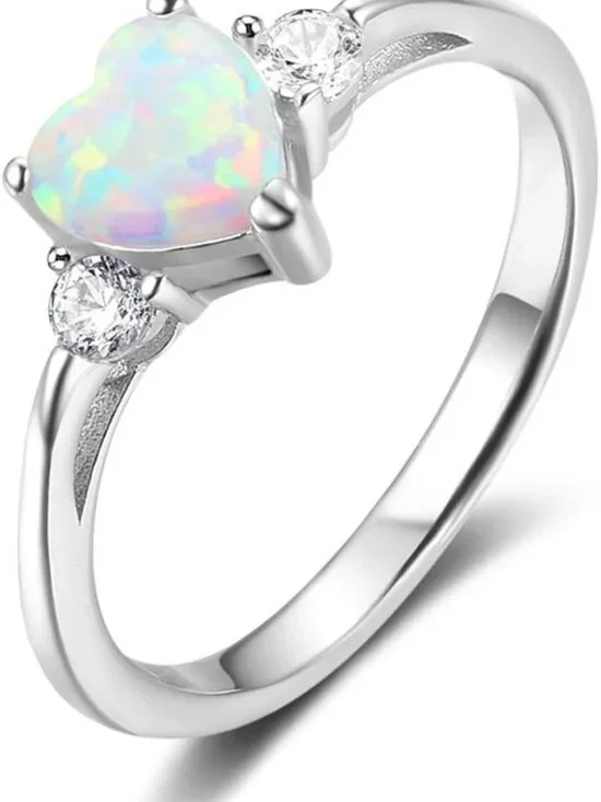 Heart Shaped White Opal Engagement Ring | 925 Sterling Silver Promise Band